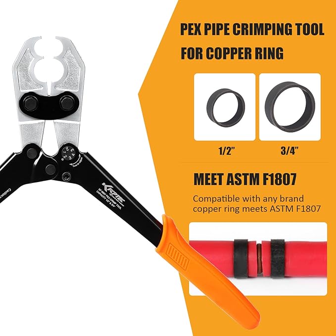 KF CPTEC 1/2 and 3/4-inch Combo PEX Crimping Tool for Copper Crimp Rings with Go/No-Go Gauge, Meets ASTM F1807 Standard, Durable Plumbing Tool