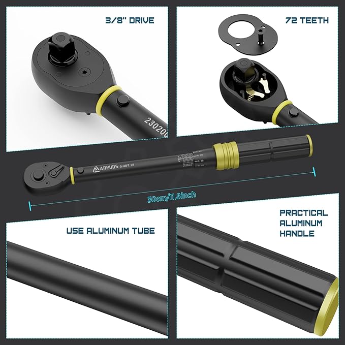 3/8-Inch Drive Click Torque Wrench (5-45 Ft-Lb / 6.8-61 Nm), Lightweight Aluminum Design, High Precision 72-Tooth Reversible Ratchet for Bicycles, Motorcycles & Auto Engine Maintenance