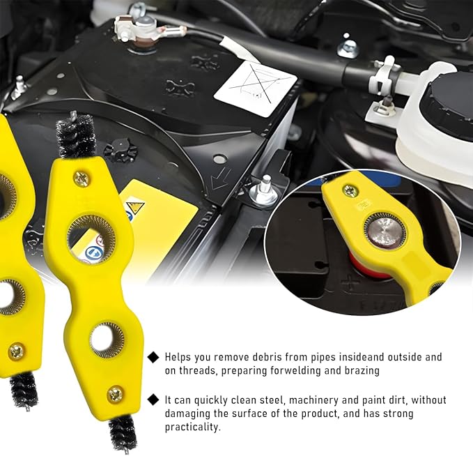 Car Battery Terminal Cleaning Brush, 4 in 1 Steel Wire Brush for Battery Terminal Cleaning, Anti-Corrosion Auto Machine Part Battery Terminal Cleaning Tool, Car Accessories (Yellow 2 PCS)