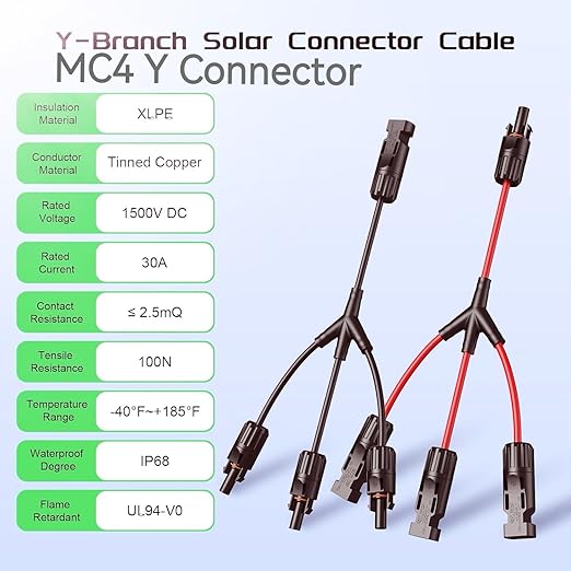 3 to 1 Solar Panel Connectors Y Branch, 1500V DC 30A, PPO Material, Parallel Connection for Solar Panels, Universal 10AWG Solar Connectors,2 Pairs Red-Black
