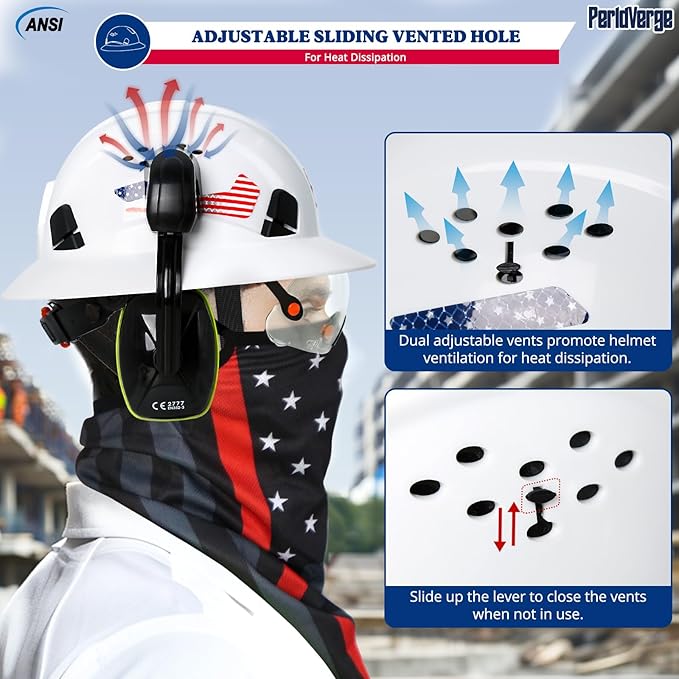 Full Brim Hard Hats Construction OSHA Approved with Visor-Vented Hard Hat with Neck Gaiter with Ear Loops,Safety Hard Hats for Men with Chin Strap ANSI Z89.1 Type 1 Class C,6-pt Suspension
