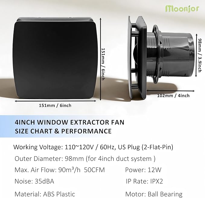 4inch Exhaust Fan, Black 50CFM Quiet Window Wall Mount Vent Extractor Fan for Kitchen Bathroom Workshop Garage