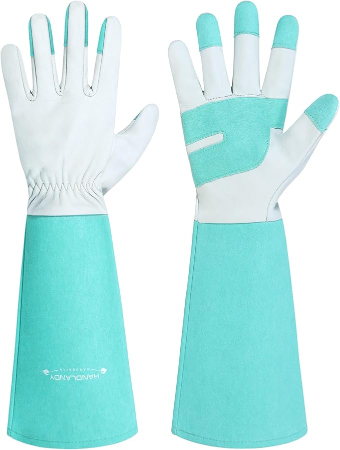 HANDLANDY Long Gardening Gloves for Men & Women, Thorn Proof Rose Pruning Gloves Leather Gauntlets Garden Glove Yard Work Glove (Teal Green, Large)