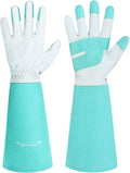 HANDLANDY Long Gardening Gloves for Men & Women, Thorn Proof Rose Pruning Gloves Leather Gauntlets Garden Glove Yard Work Glove (Teal Green, Large)