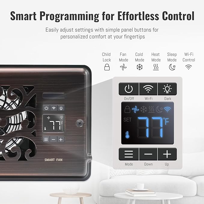 Register Booster Fan for 4" x 12" Register Holes, Quiet Vent Fan Booster with Intelligent Thermostat, Improves Heating Cooling, App Control, 10-Speeds, Charleston Smart Register Vent, ORB