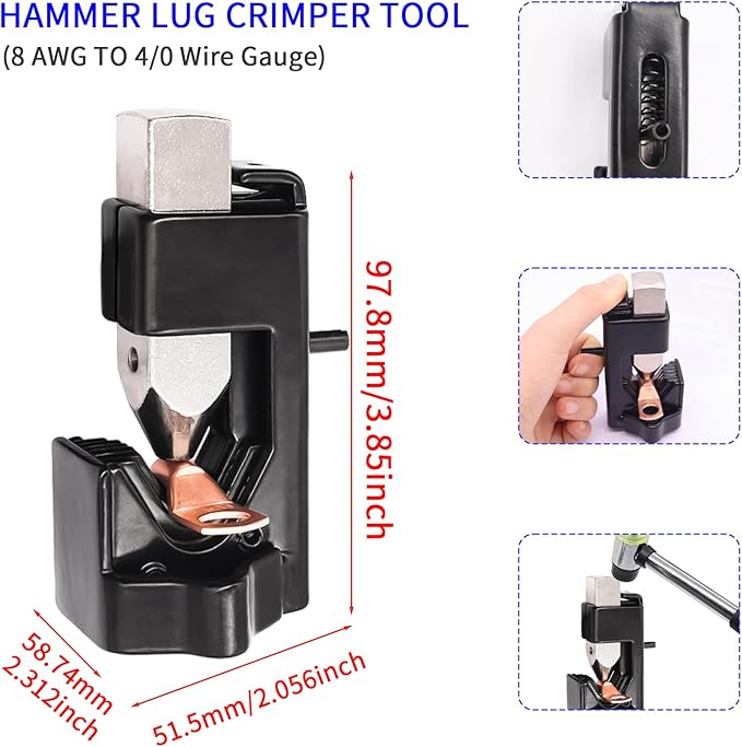 Taiss 160PCS Battery Cable Ends with Hammer Lug Crimper Tool,AWG 2/4/6/8/10/12 Gauge copper lugs assortment,Copper Wire Lugs,Copper Ring Terminals Connectors with Heat Shrink