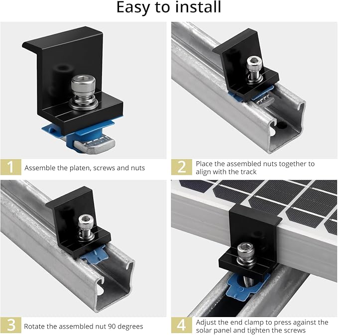 Anbte 10pcs Solar Panel End Clamp for Standard Unistrut, Aluminum 1.57" Solar Panel Brackets with Nuts Bolts, Solar Panel Mounting Kit for Metal Roof, Tin Roof, Flat Roof, Sheet Roof, RV, Black