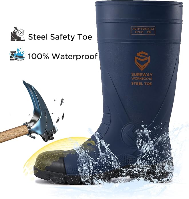 SUREWAY Steel Toe Rain Boots for Men, Knee High Waterproof Work Boots with Slip & Oil Resistant Outsole for Industrial, Construction, Agriculture