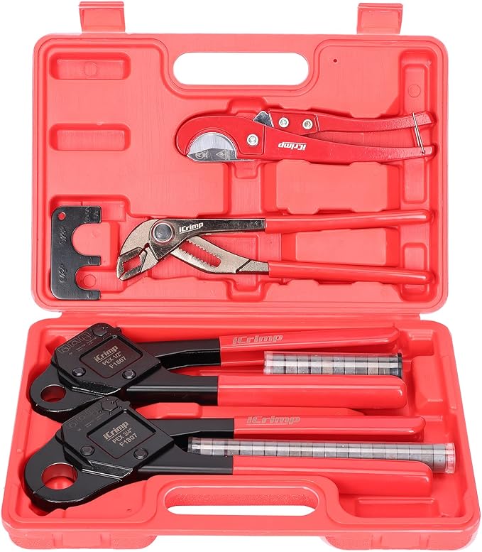 iCrimp Angle Head F1807 PEX Pipe Crimping Tool for Copper Rings - 1/2&3/4-inch Two Crimper Set with 9.5" Groove Joint Pliers, PPR Cutter, 20PCS 1/2" and 10PCS 3/4" Copper Rings