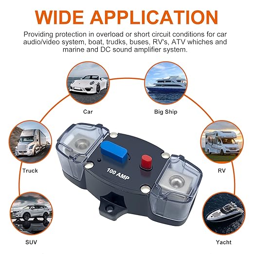 Erayco 150 Amp Circuit Breaker with Manual Reset, 12-48 Volt DC, 0-8 Gauge Trolling Motor Car Stereo Audio Inline Fuse Block Holders Inverter for Automotive Rv Marine Boat (150A)
