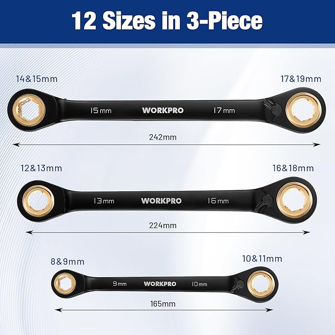 WORKPRO 3-Piece 4-in-1 Reversible Ratcheting Wrench Set, 12 Sizes in 3 Wrenches (8MM to 19MM), Metric, Anti-Slip, Double Box End, 72-Tooth, CR-V, 6-Point, with Storage Bag - for Repair & Maintenance