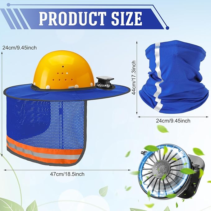 1 Set Sun Hard Hat with Solar Fan Shade Full Brim Hard Hat and Neck Sunshade Cover High Visibility Full Brim Mesh with Reflective Strip for Outdoor Summer Protection
