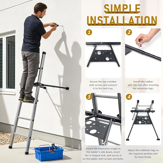 Ladder Stabilizer,Extension Ladder Stabilizer Adjustable Legs 20.1-29.5"，Wall Ladder Standoff Aviation Grade Aluminium,Ladder stabilizer for Roof Gutter ，Built-in Tool Tray, Anti-Slip Rubber Feet.