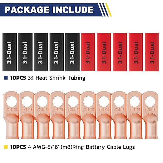 haisstronica 10pcs 4 AWG - 5/16" (M8) Battery Cable Lugs, Heavy Duty Copper Wire Lugs with 10pcs 3:1 Adhesive Heat Shrink Tubing, 4 Gauge Wire Connectors Battery Terminal Connector, Battery Cable Ends