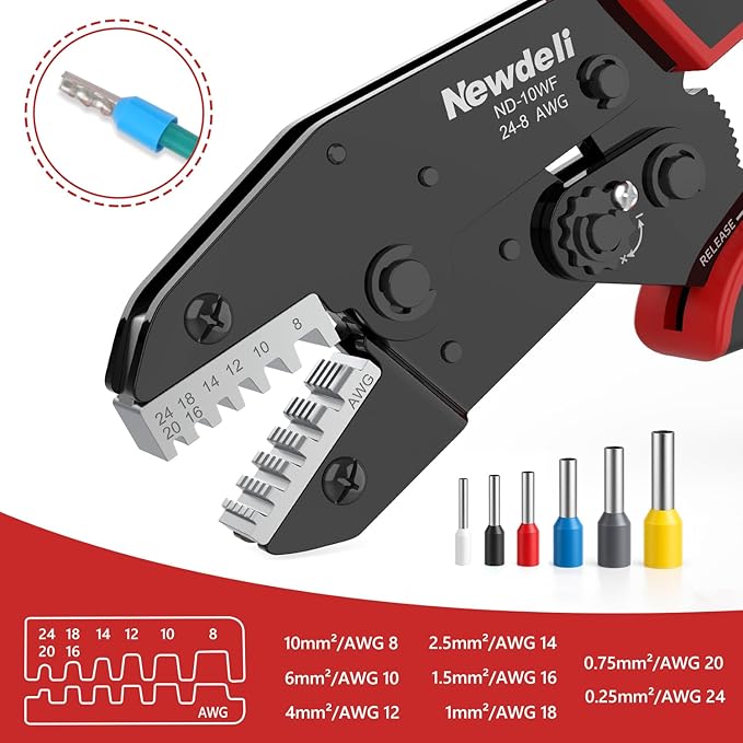 Newdeli Ferrule Crimping Tool 24-8 AWG Wire Ferrule Crimper - Ratchet Wire Crimper Tool for Ferrule Connectors Electrical Wire Terminals Ratcheting Crimping Plier Crimp Tool