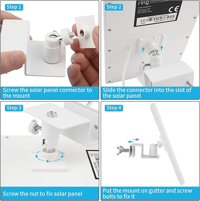 ALERTCAM Gutter Mount for Solar Panel, Adjustable Weatherproof Aluminum Alloy Mount Bracket, Perfect Angle to Get Adequate Sunlight (White)