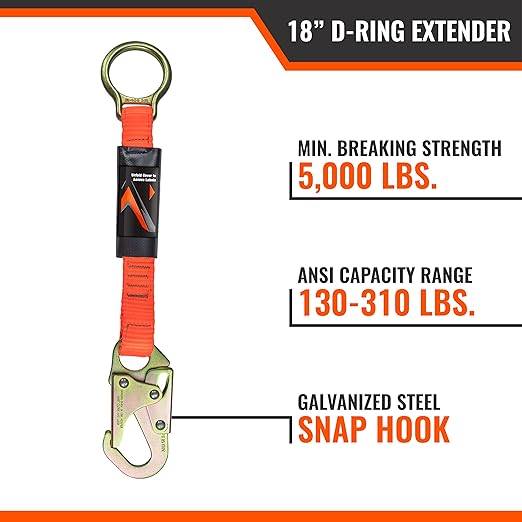 Malta Dynamics 18” D-Ring Extender with Snap Hook for Fall Protection and Roofing, OSHA/ANSI Compliant (8)