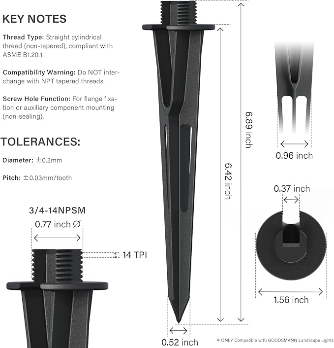 GOODSMANN 2PCS Metal Spikes Stakes with Male Thread 3/4-14NPSM 0.77IN for Low Voltage Landscape Lights Compatible with GOODSMANN Landscape Lights 9920-1838-02