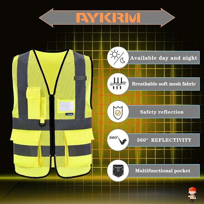 A-SAFETY High Visibility Mesh Safety Reflective Vest with Pockets and Zipper,Hi Vis Viz Reflective Safety Vest(Yellow Mesh XXXL)