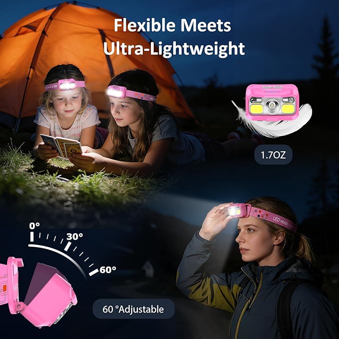 LHKNL Headlamp Rechargeable, Lumen Super Bright Motion Sensor Head Lamp Flashlight,2-Pack Waterproof LED Headlight with White Red Light,8 Modes Head Lights for Camping Cycling Running Fishing-Pink