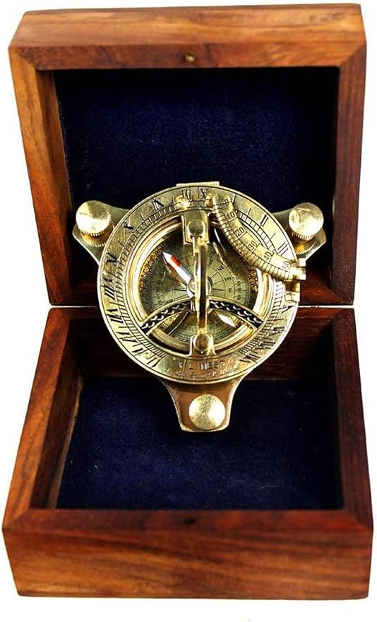 3" Brass Sundial Compass West London with Wooden Box Rustic Vintage Home Decor Gifts