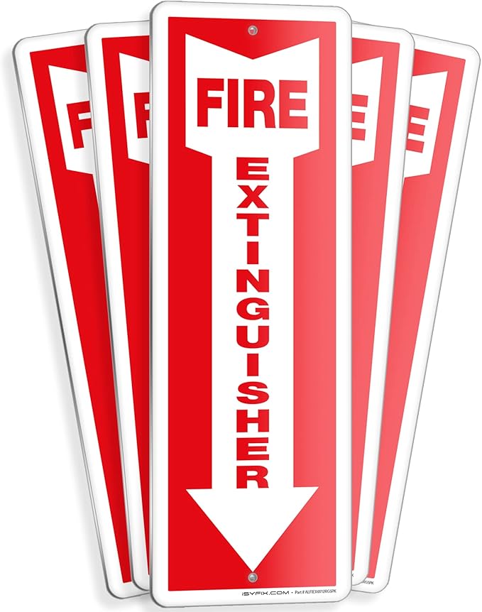 iSYFIX Fire Extinguisher Aluminum Signs – 5 Pack 4x12 Inch – Laminated for Ultimate UV and Fade Resistance, Indoor and Outdoor, for Business, Schools, Hospitals, Home