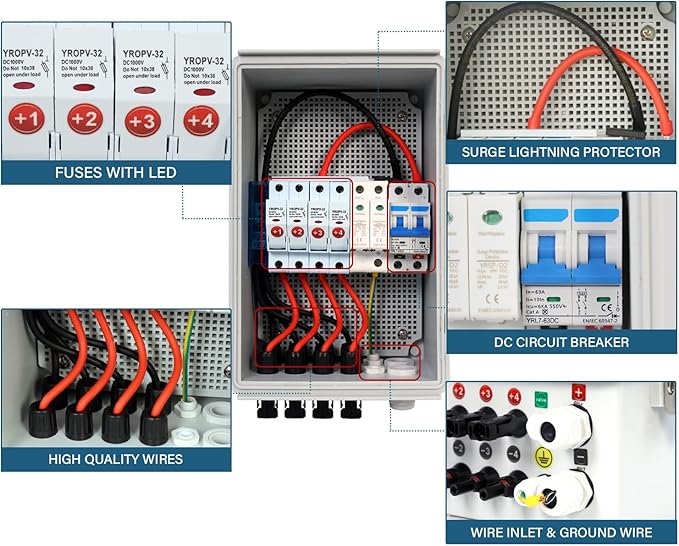 Solar 4 String PV Combiner Box with Lightning Arreste, 15A Rated Current Fuse and 2P 63A Circuit Breakers for On/Off Grid Solar Panel System (4 String PV Combiner Box)