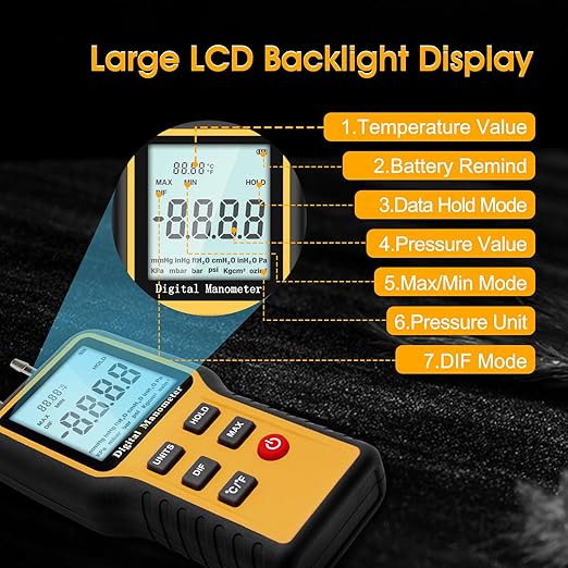 Digital Manometer Gas Pressure Tester with ±0.3% FSO Resolution, Differential Pressure Gauge with 12 Optional Units, Portable Air Pressure Gauge with LCD Backlight.