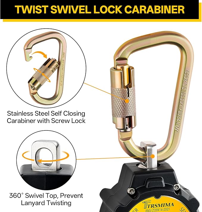 TRSMIMA Retractable Lanyard Fall Protection: 6FT Webbing Self Retracting SRL Fall Arrest for Safety Harness Construction Workers