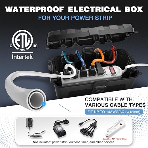 Flemoon Medium Outdoor Electrical Box (11.5x5.2x4 inch), IP54 Waterproof Extension Cord Cover w/6 Cable Entry Ports, Weatherproof Connection Box for Power Strip, Timer, Plug, Holiday Lights, Black