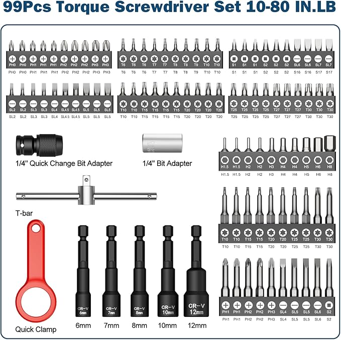 VANPO Torque Screwdriver Set 10–80 in-lb, 99-Piece Precision Torque Driver Kit with T-Bar & 1/4" Quick-Change Adapter, Adjustable for Scope Mounting, Electronics Repair, Bicycle Maintenance