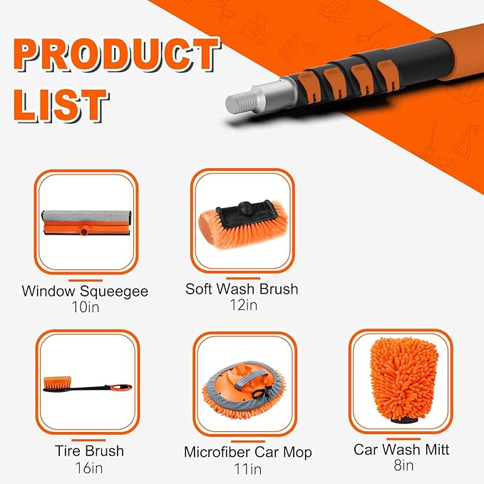 12FT Car Wash Brush with Long Handle, Car Cleaning Brush Kit with Soft Bristle Brush, Window Squeegee, Microfiber Mop, Wheel Brush, Mitt for Cleaning Truck, RV, Boat, Solar Panels