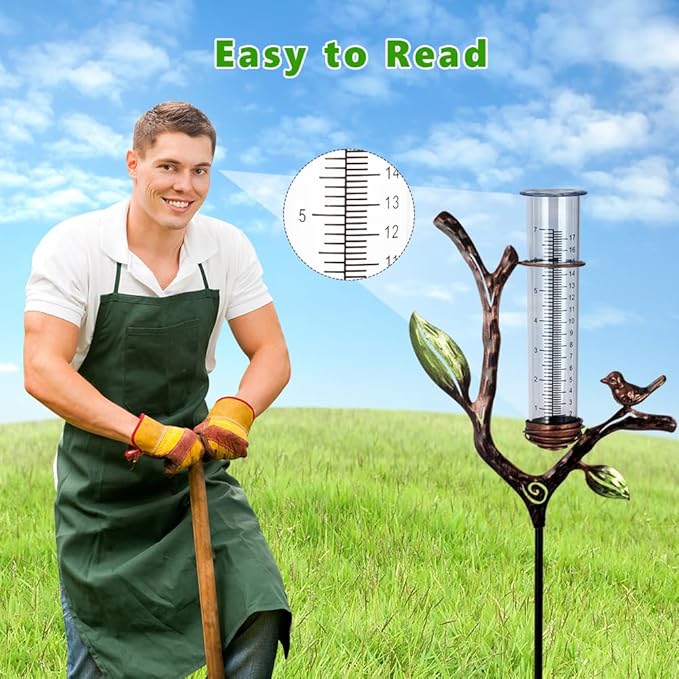 Rain Gauge Outdoor, Metal Rain Gauge with Stake, 7 Inch Tube Rain Measure Gauge, Decorative Branch Rain Measure Tool for Garden, Lawn, Patio