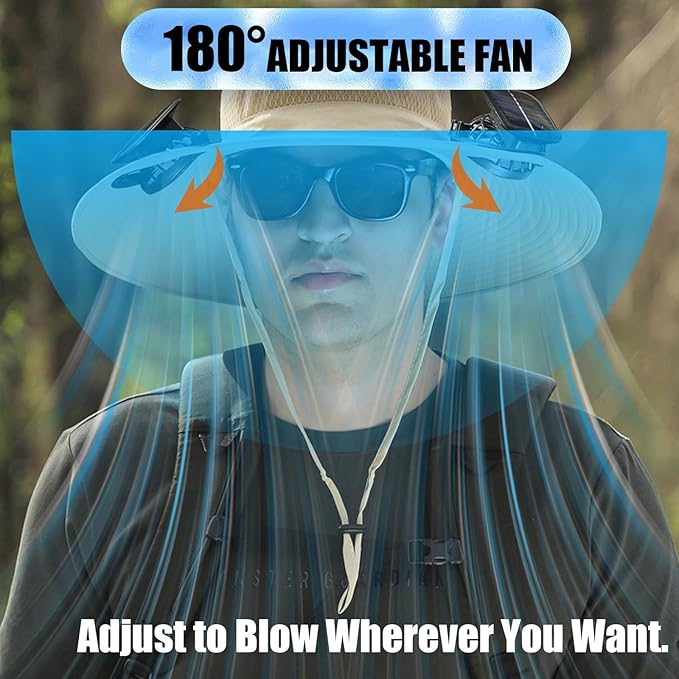 Solar Fan Sun Hat, Widen Brim Outdoor Fishing Men Hat with 2 Fans, Adjsutable 180°Rotating Cooling UPF 50+
