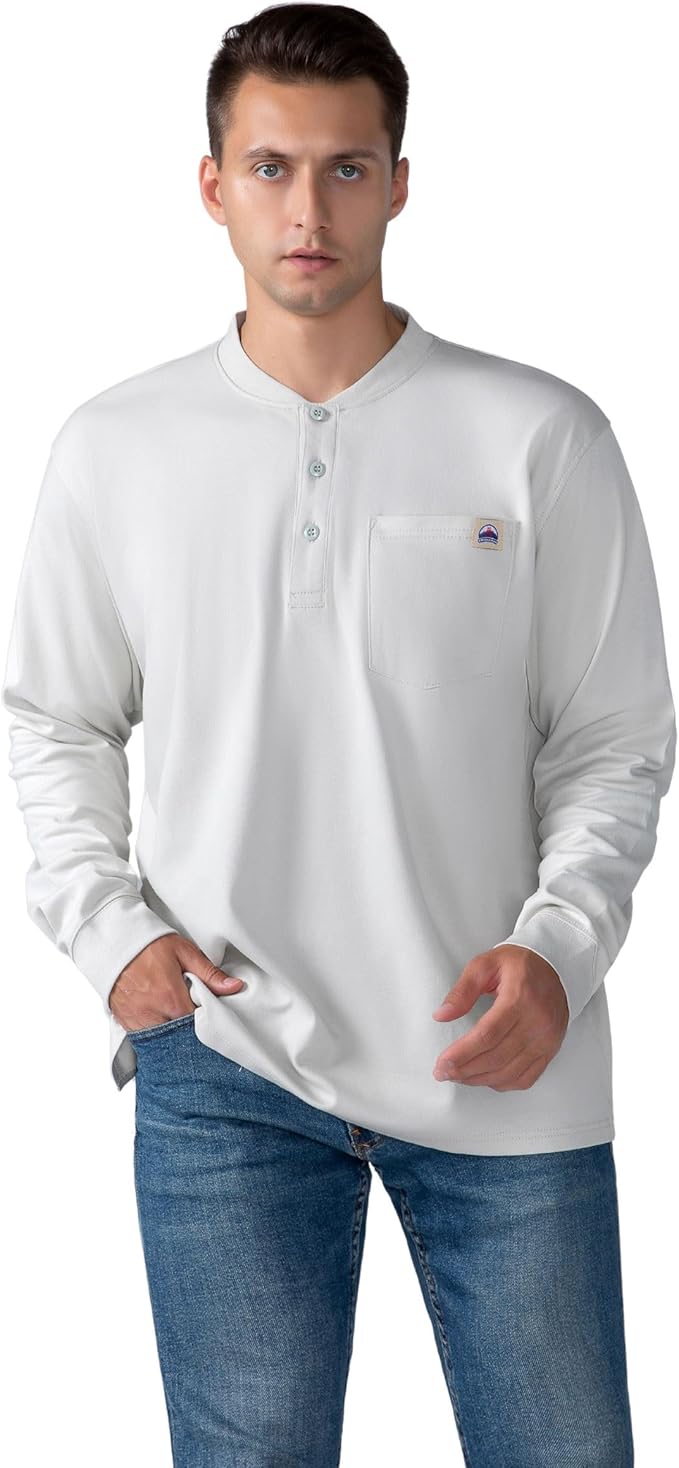FR Henley Shirts for Men Flame Resistant Lightweight Welding 6.5oz 100% Cotton CAT2 Long Sleeve Fire Retardant FRC Clothing