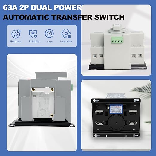 Dual Power Automatic Transfer Switch, 110V 2P 63A CE Certified ATS Generator Changeover Switch 50Hz/60Hz, White