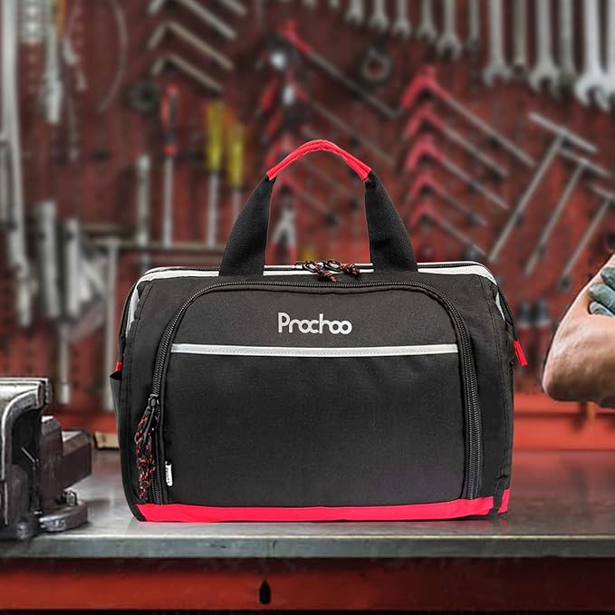Tool Bag, Waterproof Tool Bags for Men or Women, 16-inch Wide Mouth Tool Bag Organizer with 25 Pockets for Tool Storage Bag, with Adjustable Shoulder Strap (Black/Red)