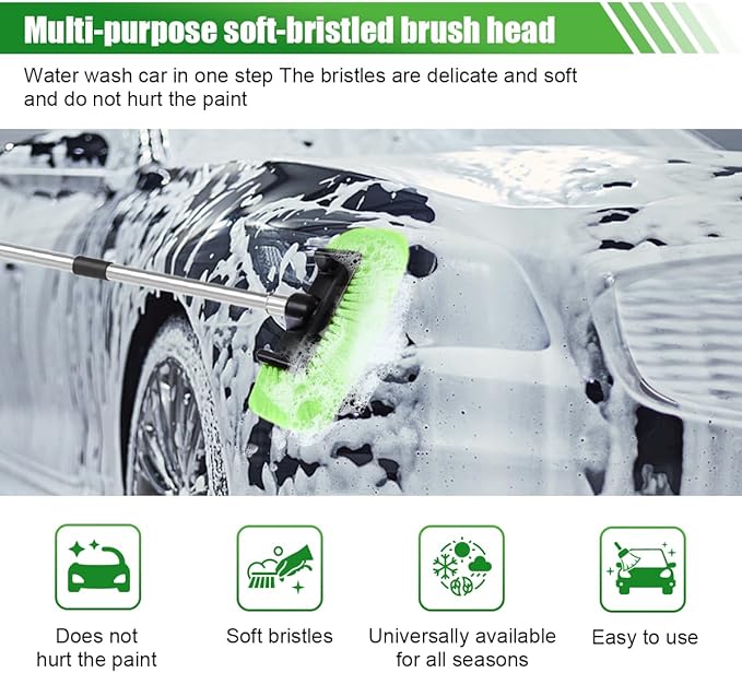 59" Car Wash Brush with Long Handle, No Scratch Soft Bristle Cleaning Brush, Extendable Windshield Cleaner Tool, Car Cleaning Kit for Boat, RV, Truck, House Siding, Solar Panel (Green)