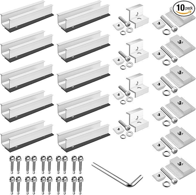 Anbte Solar Panel Mounting Brackets, Included 10 x 4.72 in Rails + 4 end Clamps + 6 Center Clamps + 1 Wrench, Aluminum Solar Mounting Kit for 4 Panels, Waterproof, for Roof, RV, Boat, Silver