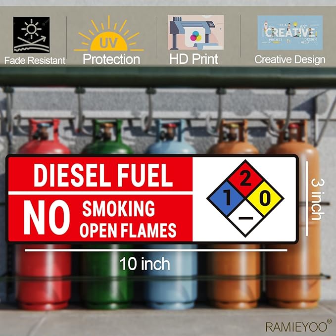 Diesel Fuel No Smoking No Open Flames Sign,5 Pack Adhesive Vinyl Safety Warning Sign with NFPA Symbol -10x3 inches
