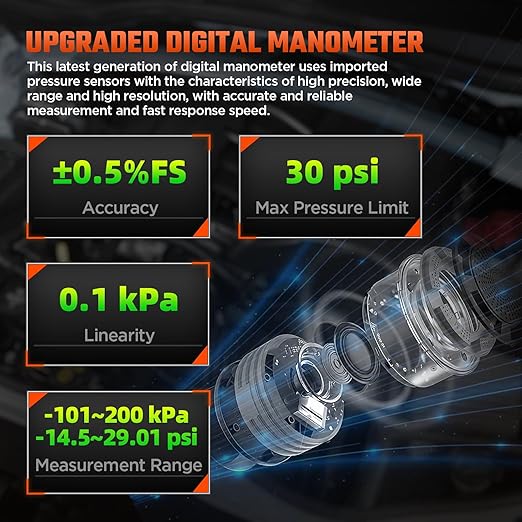 Manometer Gas Pressure Tester, Digital Manometer, -100-200Kpa, 6 Units Differential Pressure Gauge, Max/Min/Data Storage, 2-Port Tester for HVAC/Automotive Brake/Industrial/Lab Calibration (Mini)