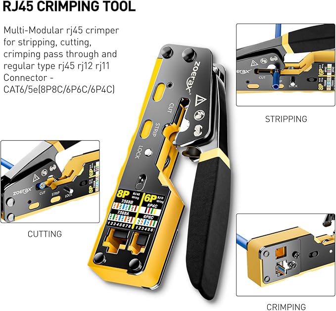Network Tool Kit, ZOERAX 11 in 1 Professional RJ45 Crimp Tool Kit - Pass Through Crimper, RJ45 Tester, 110/88 Punch Down Tool, Stripper, Cutter, Cat6 Pass Through Connectors and Boots