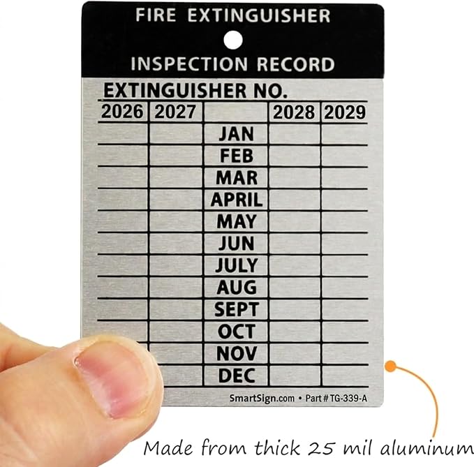 SmartSign Fire Extinguisher Tags, Record 4-Year Maintenance & Inspection Tag, 3 x 2.25 Inches Heavy Duty Aluminum, Pack of 10