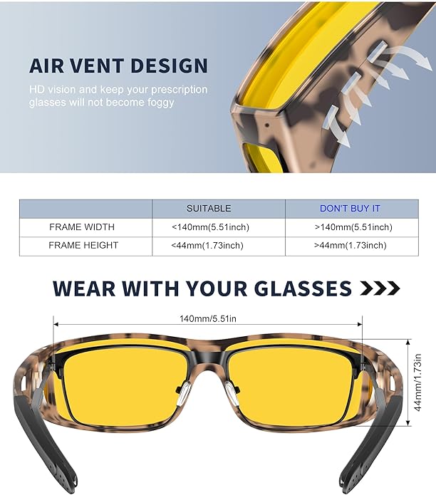 KALIYADI Night-Vision-Glasses Fit-Over-Glasses Wrap-Around Glasses: Anti Glare Night Driving Glasses for men women HD Lens