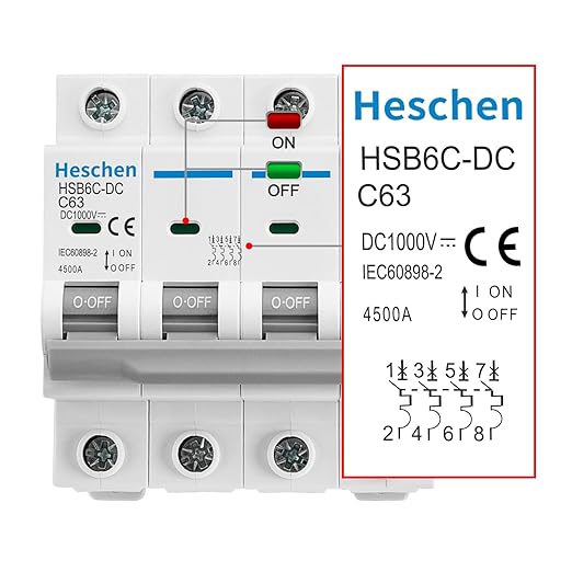 Heschen DC Miniature Circuit Breaker, HSB6C-DC, 4 Poles, DC1000V 63A, Photovoltaic Circuit Breaker, for Solar PV System Solar Panels Grid System, 35mm DIN Rail Mounting