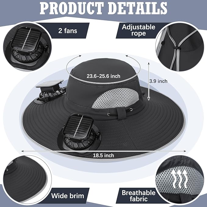 2 Pcs Solar Fan Hats Wide Brim Fishing Hats with 2 Solar Fan and Removable Face Cover Cooling Buckets for Men Women