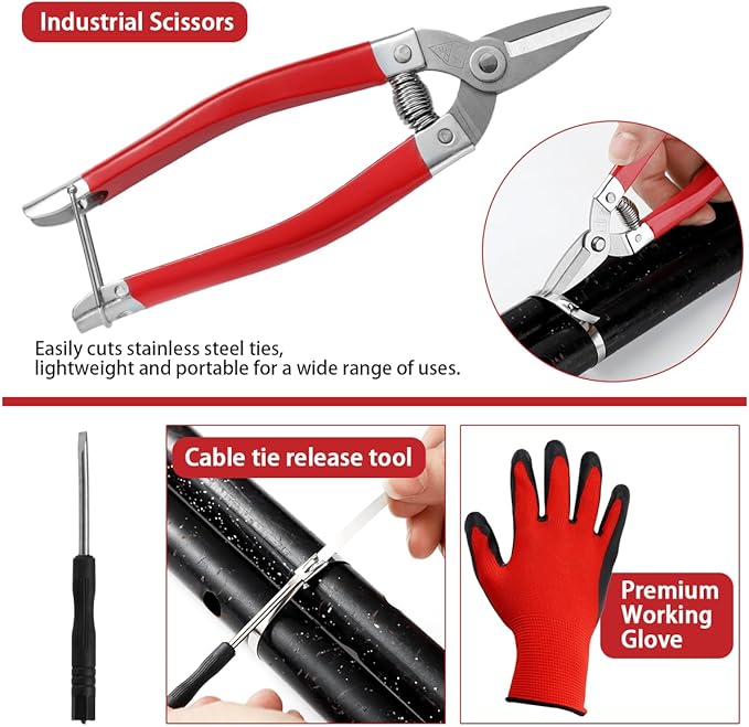 Metal Zip Tie Tool 300PCS (100 Each: 7.8/12/15.7 Inch) Stainless Steel Cable Tie Gun Kit | Self-Locking Fastening & Cutting Tool Metal Zip Tie Gun for Fencing, Exhaust Pipes, Automotive (Red)