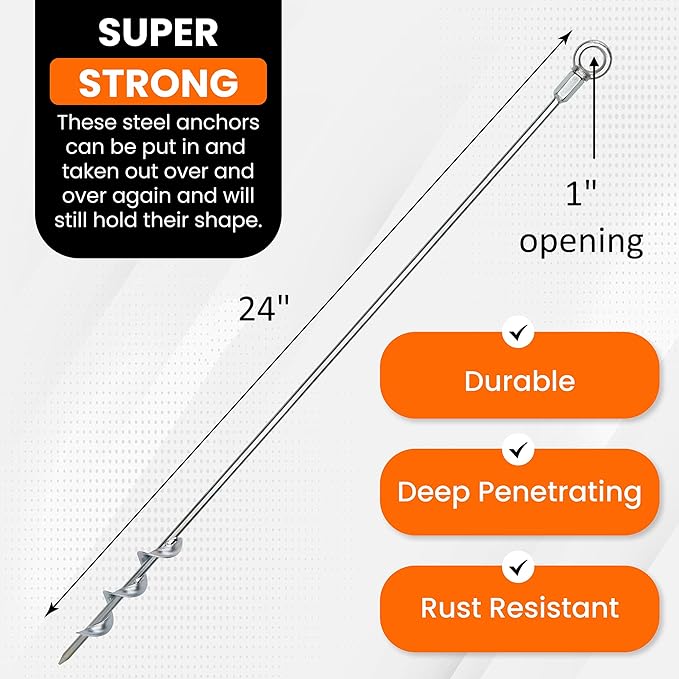 Earth Anchors - 24" Set of 4 Heavy Duty Ground Stakes with Drill Bit - Mobile Home, Shed & Swing Set Anchors - Tree & Awning Canopy Stakes