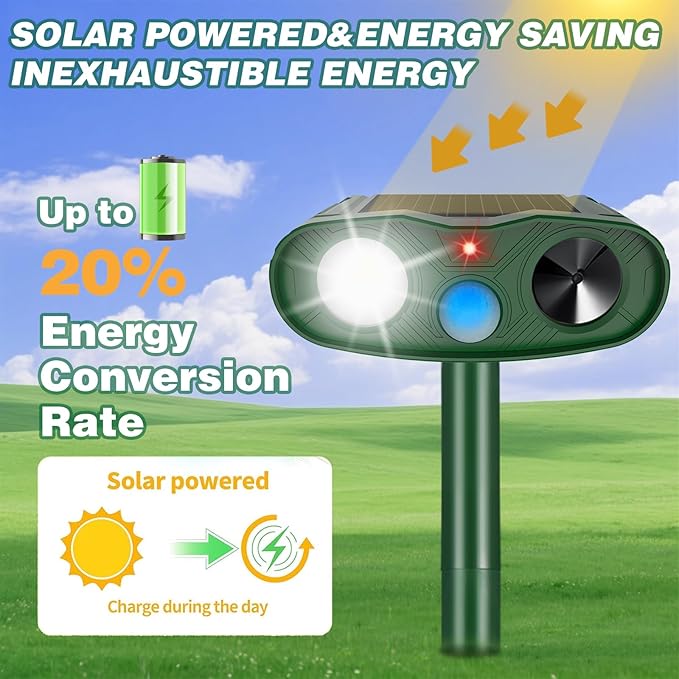 2 Pack Ultrasonic Animal Repellent Outdoor, Solar Deer Repellent Motion Sensor Cat Squirrel Rabbit Repeller, Waterproof Goose Dog Raccoon Deterrent with LED Strobe Flash Lights