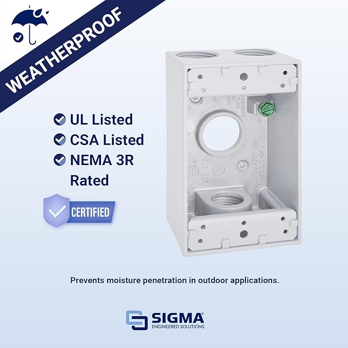 SIGMA ENGINEERED SOLUTIONS 14251WH Metal Electrical Outlet Box, Weatherproof, Easy Mount Plug and Receptacle Protector, White, (4) 1/2-Inch Holes, 1 Gang Deep Box